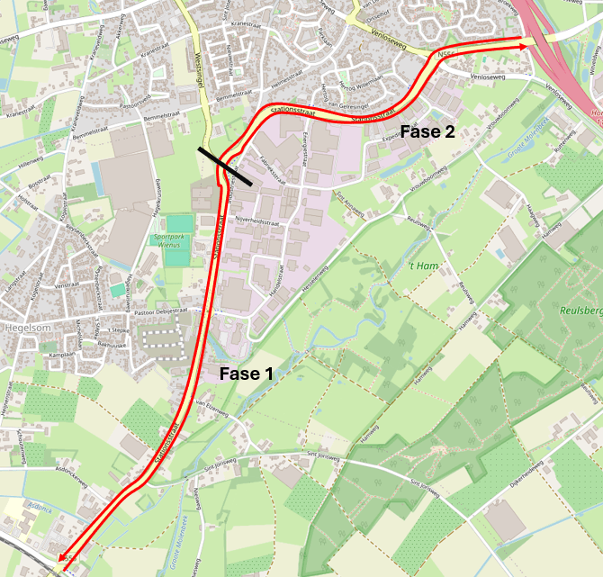 kaart van n556 waar werkzaamheden zijn aangegeven in een rode lijn.