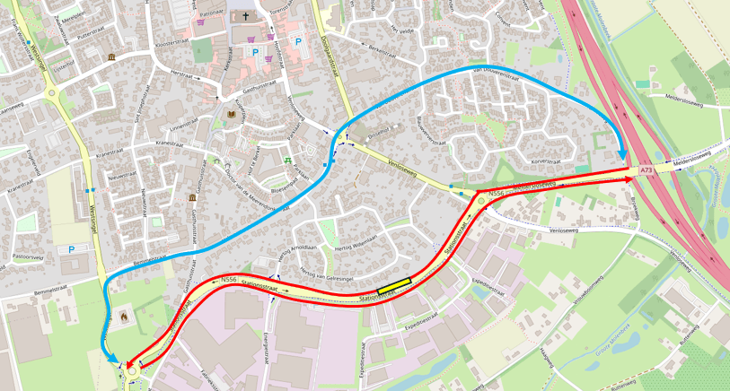 kaart van n556 waar een omleiding staat aangegeven in een blauwe lijn.